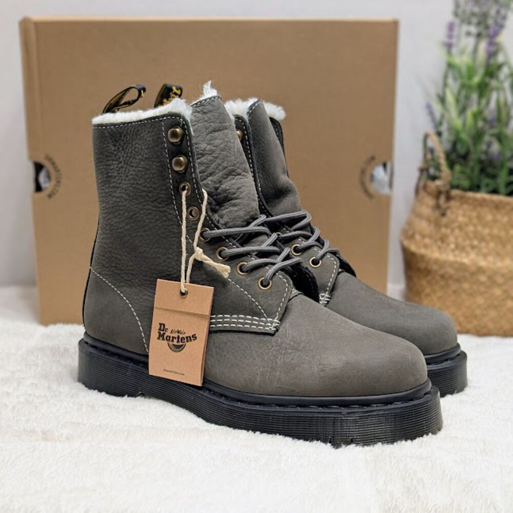 Dr. Martens 1460 Gunmetal Pascal Bex Faux Fur Lined WP Leather Boots UK 7 NIB